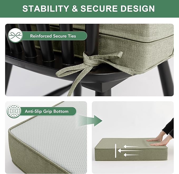 Summsun Water Resistant Outdoor Chair Cushions, Faux Linen Backrest and Deep Seat Cushion Set with Ties, Removable Cover, Non-Slip Bottom for Patio Furniture, 24 x 24 Inch, Mocca Green, Set of 2