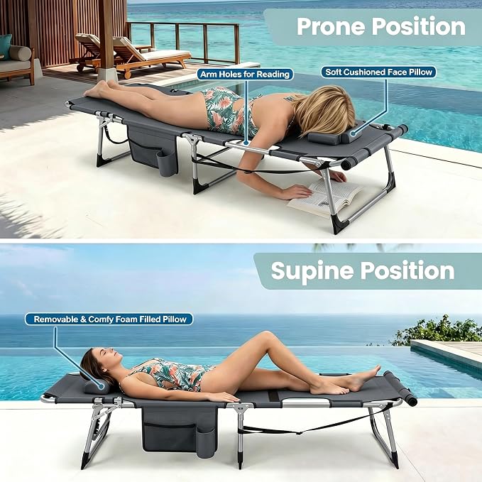 Giantex Tanning Chair, 330Lbs Patio Lounge Chair with 5 Adjustable Position, Face & Arm Hole, Hand/Shoulder Strap, Removable Pillow, Side Pocket, Chaise Lounger for Beach Sunbathing Outdoor, Grey