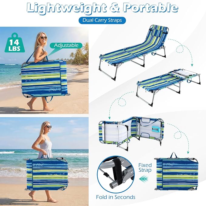 GYMAX Tanning Chair, 3 in 1 Sun Bathing Lounge Chairs with Face/Arm Holes & Side Pocket, Portable Lightweight Face Down Layout Tanning Chair for Outside, Beach, Backyard, Poolside (2, Blue Stripe)