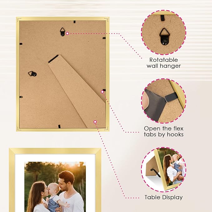 FIXSMITH 8x10 Picture Frame Bulk-6 Pack, Gold Picture Frames Collage Wall Decor, Wall & Tabletop Picture Frames, Photo Frame with HD Plexiglass, Display Pictures 5x7 with Mat or 8x10 Without Mat