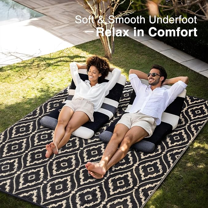 OLANLY Outdoor Rug 6x9 ft Waterproof, Outdoor Plastic Straw Rug with Geometric Pattern Clearance, Reversible RV Mat for Patio, Camping, Balcony, Deck, Backyard, Black & Beige