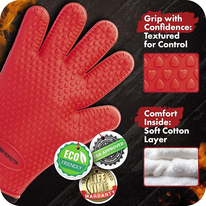KITCHEN PERFECTION Silicone Smoker Oven Gloves -Extreme Heat Resistant BBQ Gloves -Handle Hot Food Right on Your Grill Fryer&Pit|Waterproof Grilling Cooking Baking Mitts|Superior Value Set +3 Bonuses