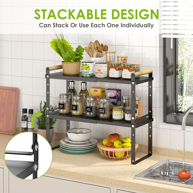 DOLALIKE Expandable kitchen Countertop Organizer, Stackable Cabinet Shelf Organizers, Space Saving Spice Rack Pantry Storage for Bathroom Office Organization (6.9'D*13-19.7''W*15.7''H, Black)