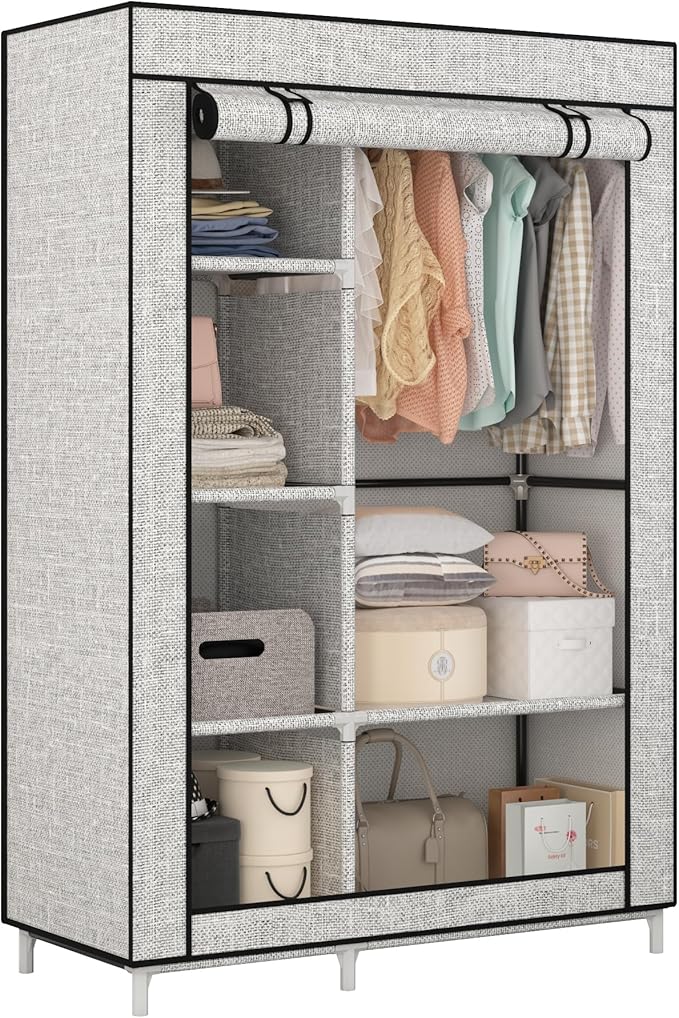 Calmootey Portable Closet Organizers, Clothing Storage, Wardrobe with 6 Shelves and Hanging Rod, Non-Woven Fabric Cover with 4 Side Pockets, Ash Grey