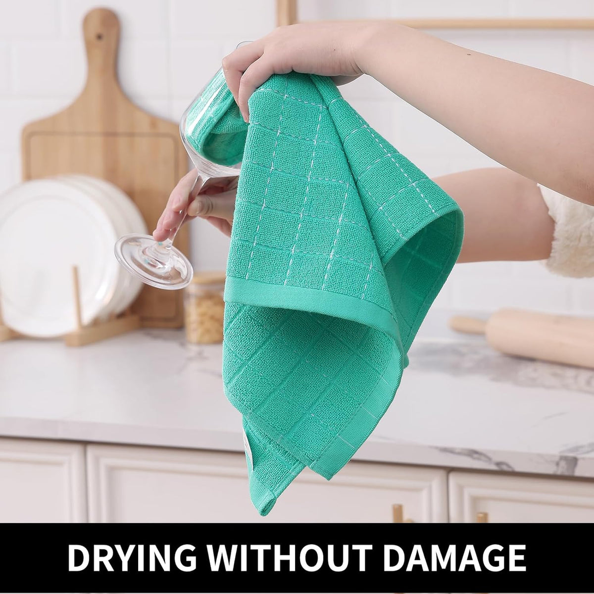 Homaxy 100% Cotton Terry Kitchen Towels(Turquoise, 13 x 28 inches), Checkered Designed, Soft and Super Absorbent Dish Towels, 4 Pack