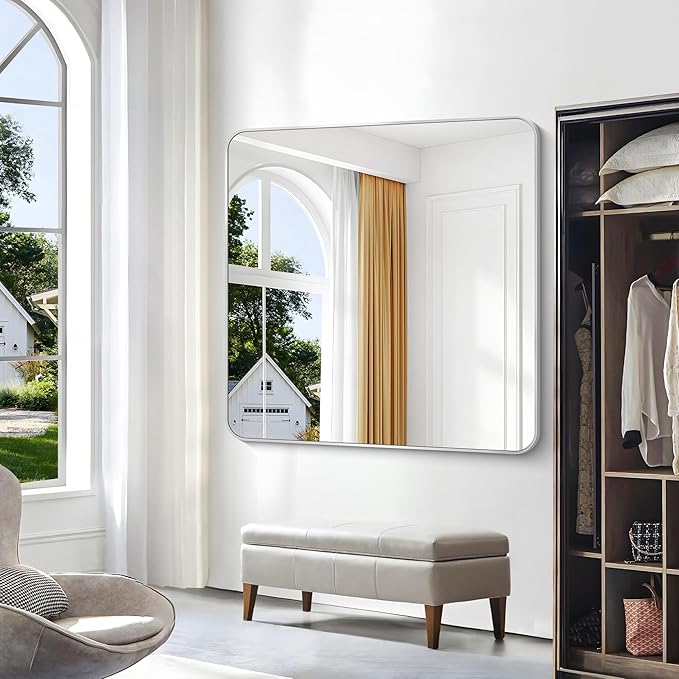 Silver Bathroom Mirror,48x48 inch Wall Mirror for Bathroom Wall Mounted,Rectangle Mirror for Bathroom Over Sink,Modern Frame Round Corner for Living Room,Bedroom Entryway,Horizontal/Vertical
