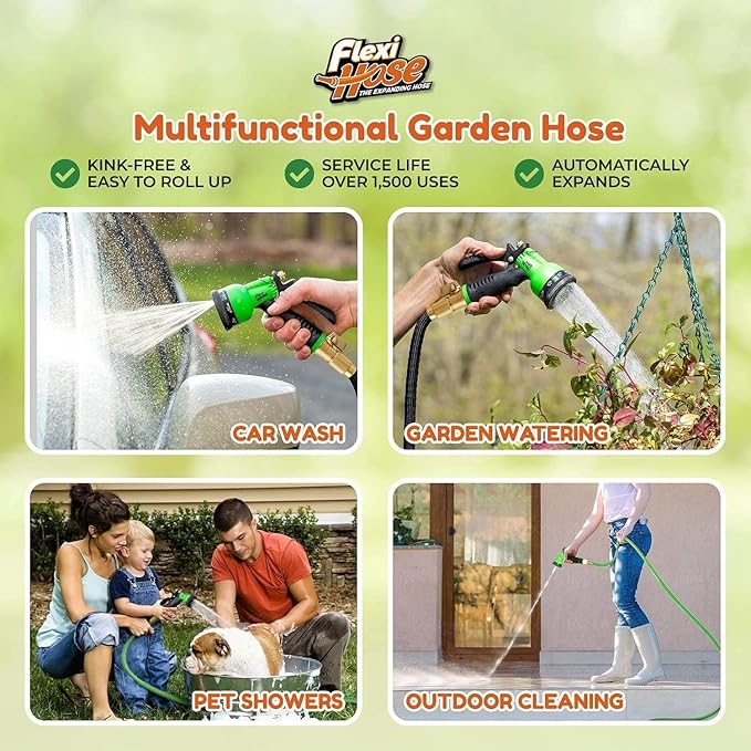 Flexi Hose Expandable Garden Hose with 8 Function Nozzle, 100FT - Lightweight Retractable Garden Hose, Water Hose - No-Kink Flexibility, 3/4 Inch Solid Brass Fittings and Double Latex Core