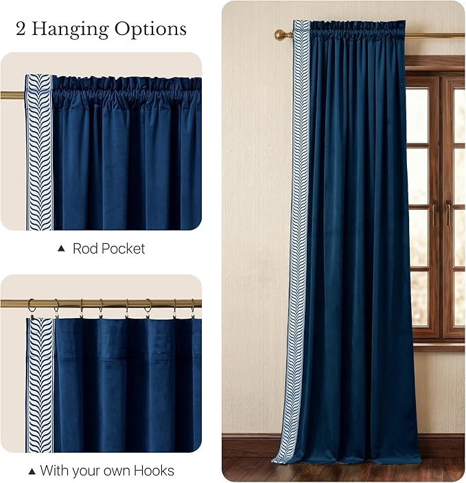 NICETOWN Rod Pocket Embroidered Trim Velvet Curtains, 2 Panels, Elegant Window