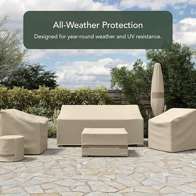 Covermates Elite Outdoor Patio Sofa Cover – Water-Resistant 300D Polyester, Double-Stitched Seams, Elastic Hem, Auto-Locking Drawcord & Mesh Vent for Moderate Weather, 64W x 34D x 30H, Khaki