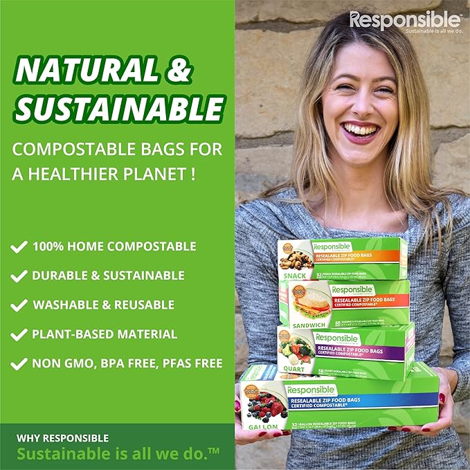 Responsible Products Certified Compostable SANDWICH Resealable Zip Bag, Extra Strength Food Bags, Made from Plant Materials (136 Pack)