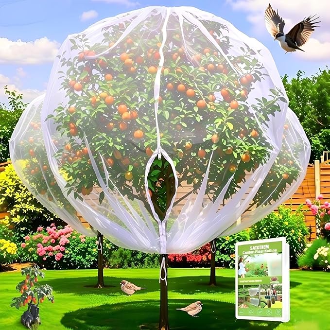 1 Pack 12.5×12.2Ft Extra Large Drawstring & Zipper Fruit Tree Netting Cover - Reusable Bird Netting for Blueberry Bushes, Anti-Cicada/Deer/Squirrel Large Plant Protection Net