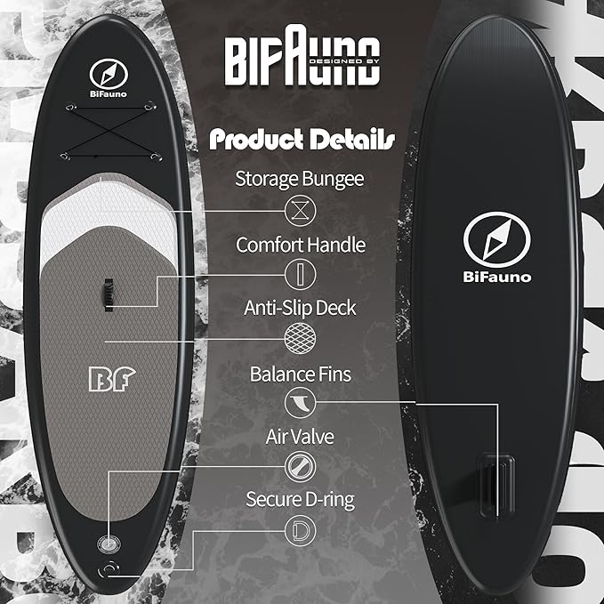 Inflatable Stand Up Paddle Board with SUP Accessories & Backpack. Paddle Boards for Adults. Non-Slip Deck, Wide Stance, Bottom Fin, Double Action Pump.