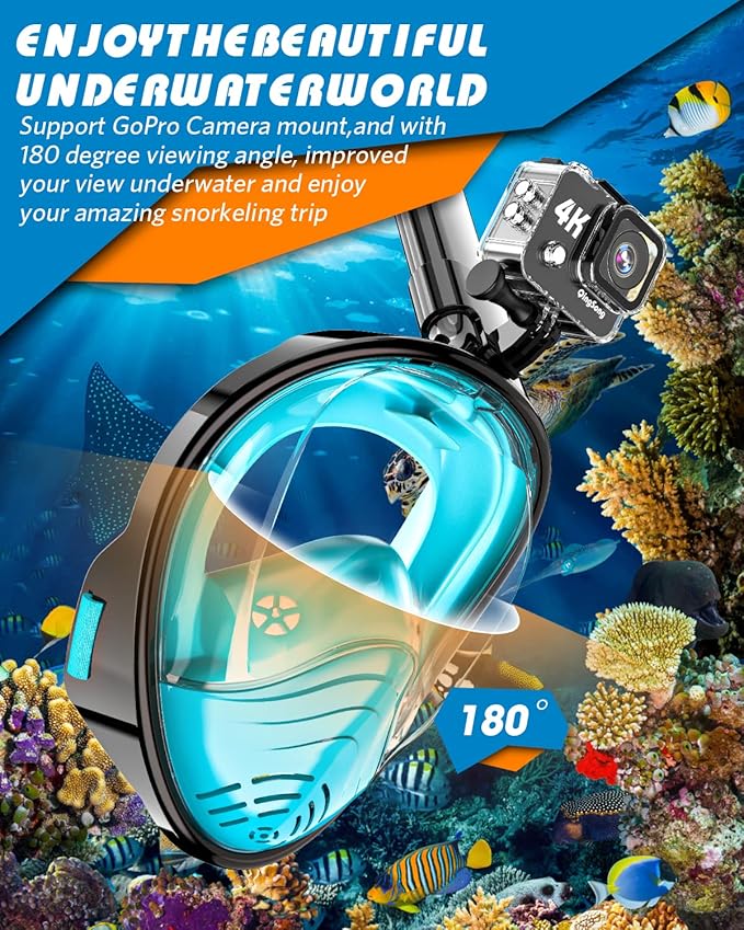 QingSong Full Face Snorkel Mask for Adults, Snorkeling Gear with Camera Mount, 180 Degree Panoramic View Snorkel Set Anti-Fog Anti-Leak