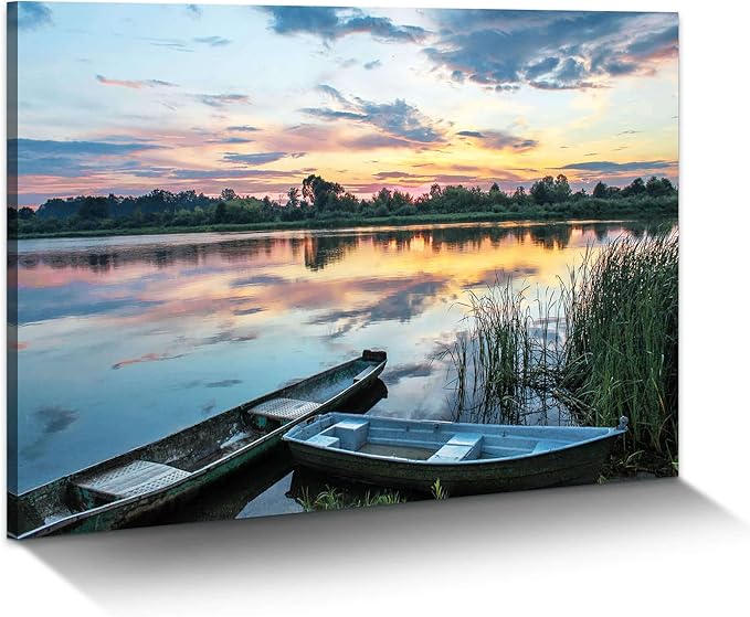 Lake Landscape Canvas Wall Art: Modern Relaxing Sunset Skyline Painting Simple Natural Boat Reed Print Wilderness Clear Calming Water Scenery Picture Green Forest View Gallery Artwork for Bedroom