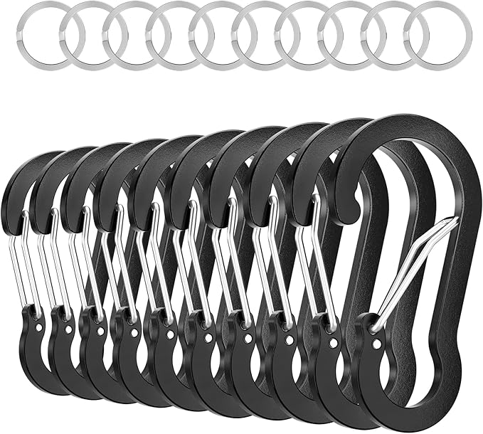 sprookber 3.2 Inch Aluminum Carabiner Clips D Ring, Caribeaner Spring Snap Hook with Keychain for Camping, Hiking, Gym & Outdoor Gear, Set of 10