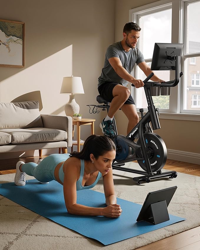 MERACH Exercise Bike, Brake Pad Stationary Bike with Exclusive App, Low Noise Indoor Cycling Bike with 300lbs Weight Capacity, Tablet Mount and Fitness Courses for Weight Loss