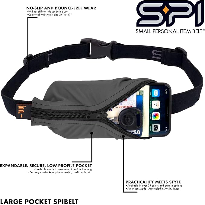 SPIbelt Running Belt for Women Men, Phone Holder for Running, Running Fanny Pack, Holder for Phone, Running Waist Pack, Adjustable Waist, [Fits All Phones]. Black with Blue Zipper