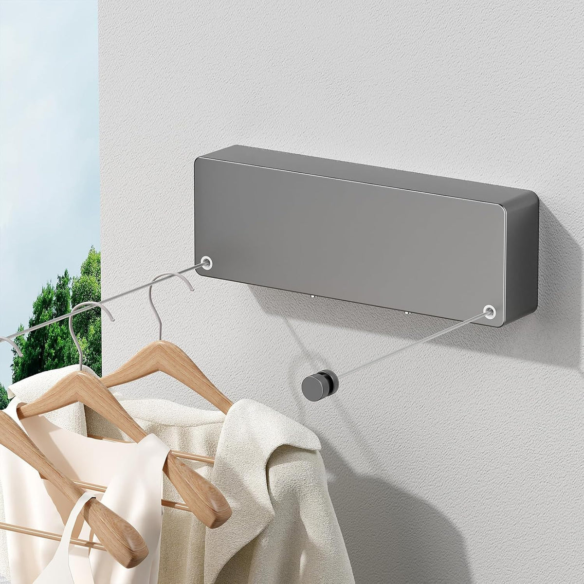 Retractable Clothesline Indoor, Non-Sagging Clothes line retracting Outdoor, Heavy Duty Wall Mounted Laundry Line Adjustable Stainless Steel for Laundryroom, Bathroom, 15.8 Feets Double Lines Grey