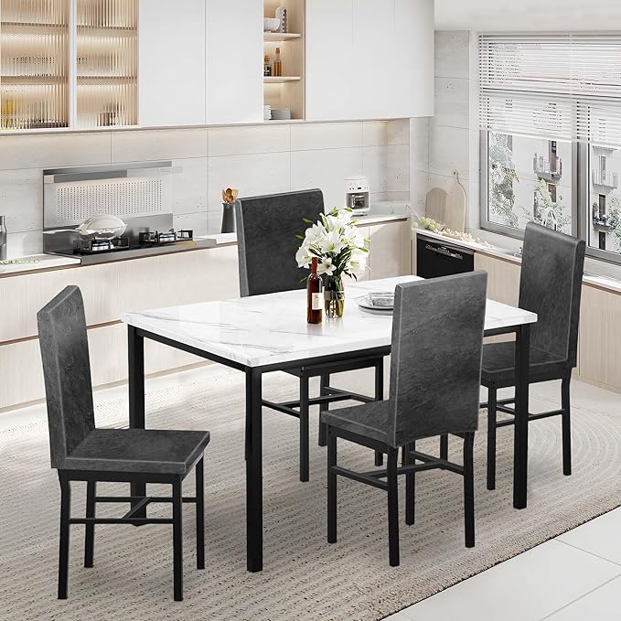 Dining Table Set for 4, 47.2" Faux Marble Kitchen Table Set with 4 Upholstered Velvet Chairs, Dinette Table Set for Dining Room, Kitchen, Breakfast Corner (Gray)