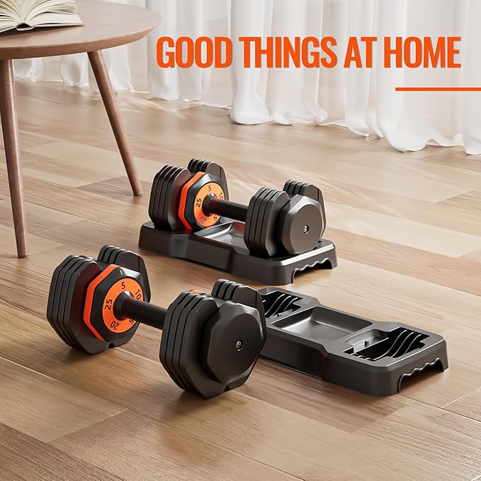 VEICK 25/55 lbs Adjustable Dumbbell with Anti-Slip Turning Handle, Fast Adjust Weight for Men Women, Exercise Equipment with Tray for Home Gym Full Body Workout Fitness