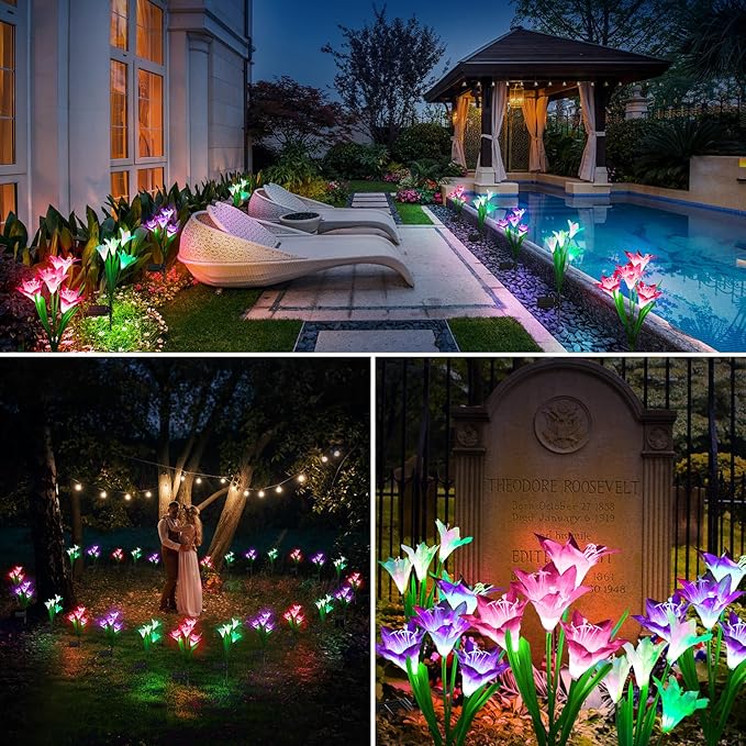 KOOPER Outdoor Solar Lights, 4 Pack Solar Garden Light with Bigger Lily Flowers, Waterproof 7 Color Changing Solar Lights Outdoor - Bigger Panel for Patio Yard Garden Decoration, Gift for Mom