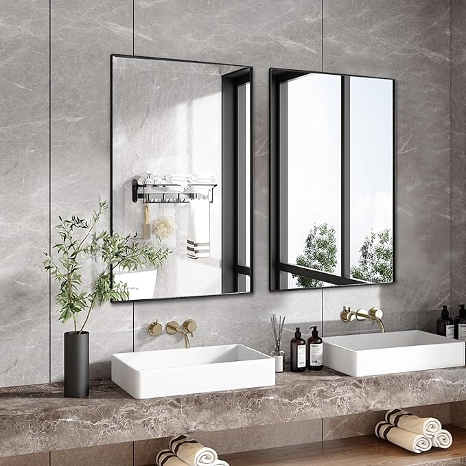 27x40 Inch Black Bathroom Mirror for Wall, Aluminum Frame Rectangle Rectangular Vanity Mirror, Modern Large for Bedroom, Living Room, Horizontal or Vertical