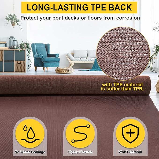 Marine 6 FT x 18 FT Brown Indoor/Outdoor Rug 0.2" Thick - Boat Carpet with Water-Proof TPE Backing, Non-Slide for Home, Patio, Porch, Deck