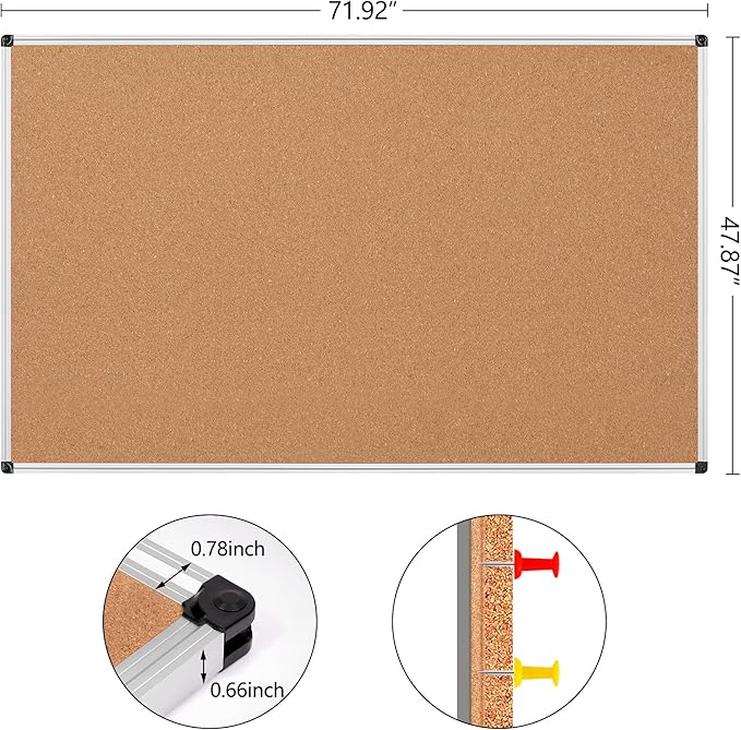 Large Cork Bulletin Board 72" X 48", Wall Mounted Notice Pin Board
