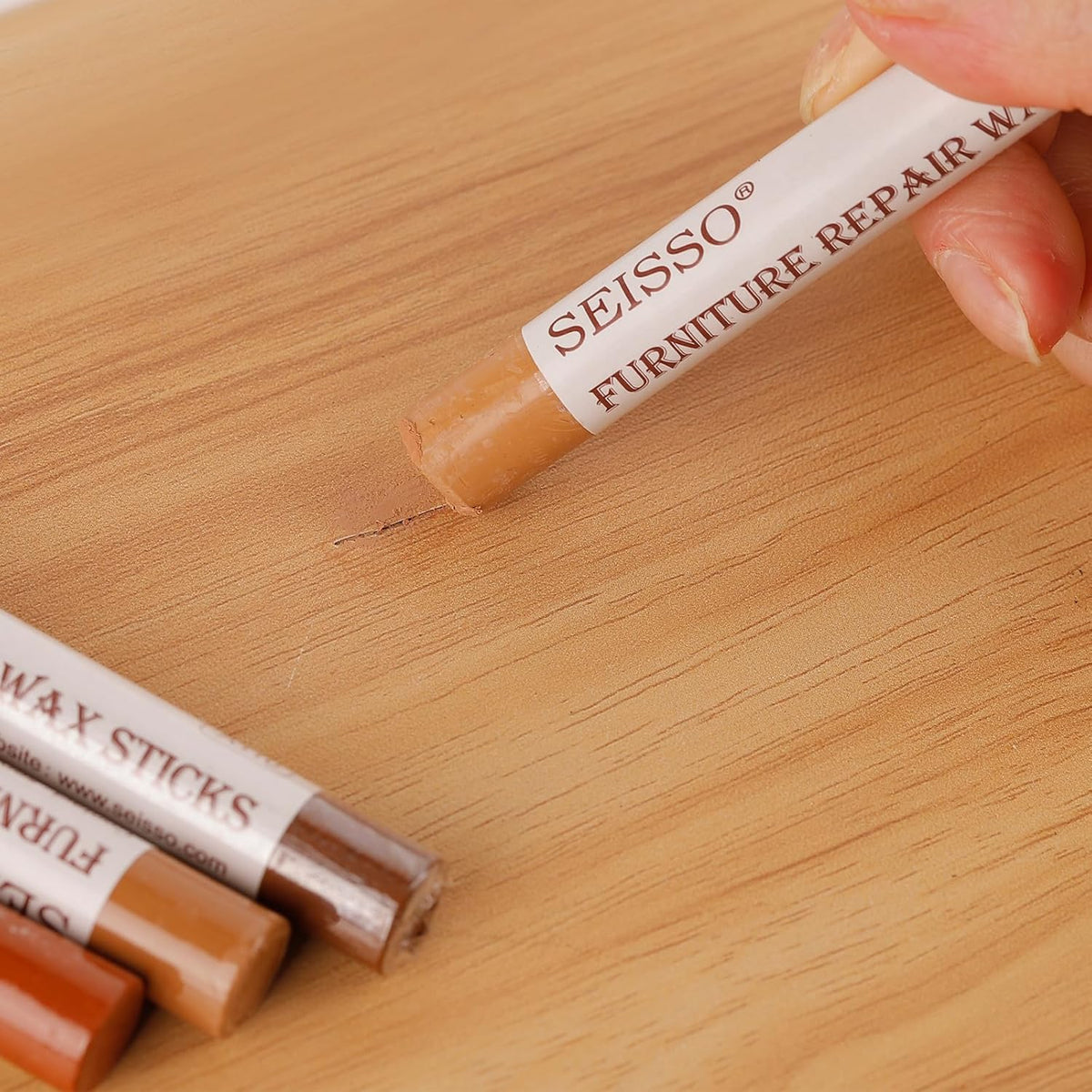 SEISSO Wood Filler Sticks- 6 Pcs, Furniture Repair Wax Crayons, Furniture Marking Repair - Scratch, Cracks, Hole, Table, Wood Floor, Guitar - Heartwood Cherry/Red Brown/Nutmeg