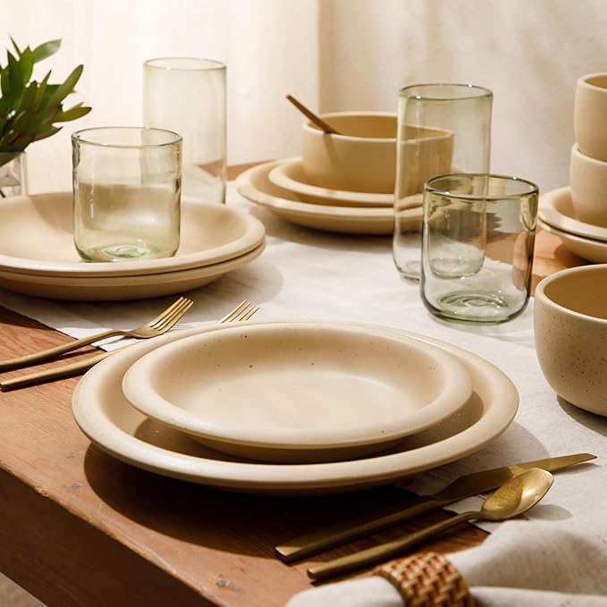 Bloomhouse Corsica Clay 12 Piece Stoneware Rustic Reactive Glaze Dinnerware Set - Stackable Plates and Bowls Set. Service for 4 - Matte Finish Cappuccino Cream