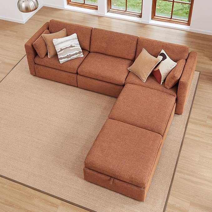CHITA Oversized Modular Cloud Sectional Fabric Sofa Set, FSC Certified U Shaped Couch Reversible Chaise Modular Sectional,112 inch Width,5 Seat Modular Sofa Includes 2 Storage Ottomans, Terracotta