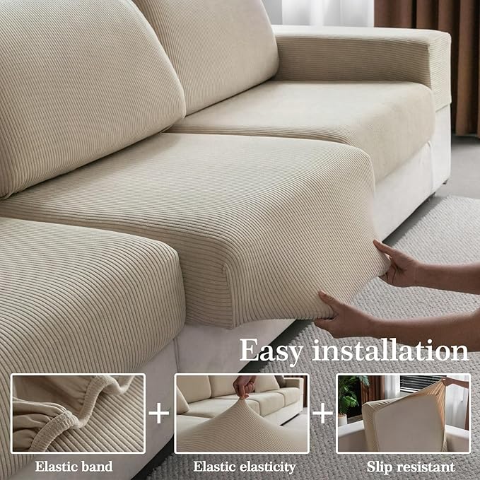 OHSIO Sectional Couch Covers, Wear Resistant Stretch Sofa Covers Washable Soft Couch Cushion Covers Anti Slip Furniture Protector Sofa Slipcovers for Pets (3 Pieces 3 Seaters Cover, Light Brown)