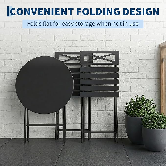 GarveeLife 3 Piece Patio Bistro Set, New Iron Outdoor Furniture Set, Metal Table and Chairs Set for Balcony, Garden or Porch, Black