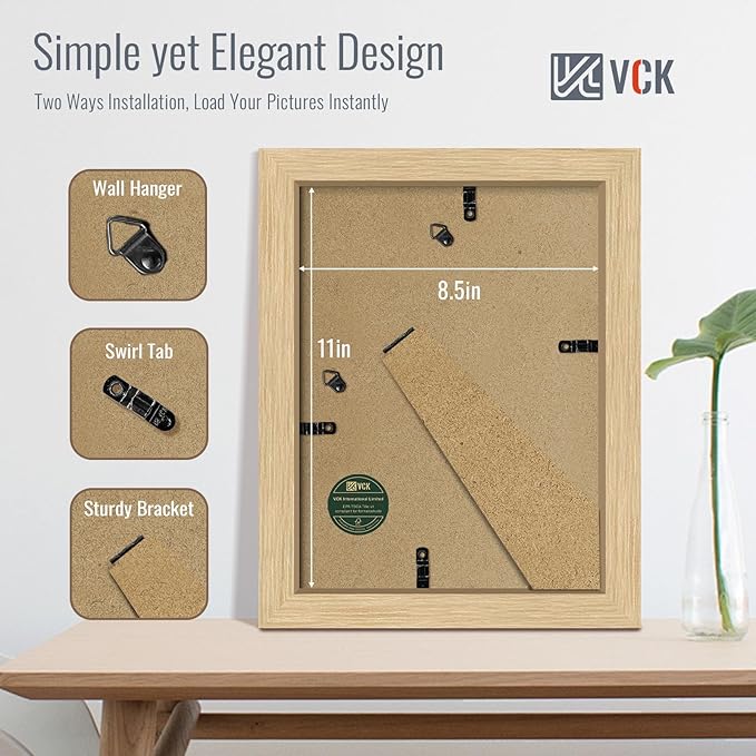 VCK 8.5x11 Picture Frame Set of 4 - Oak, Gallery-Quality Wood Poster Frames, 1.1-Inch Wide Border, Polished Plexiglass, Vertical or Horizontal Wall & Tabletop Display for Photo/Art/Prints, Natural Oak
