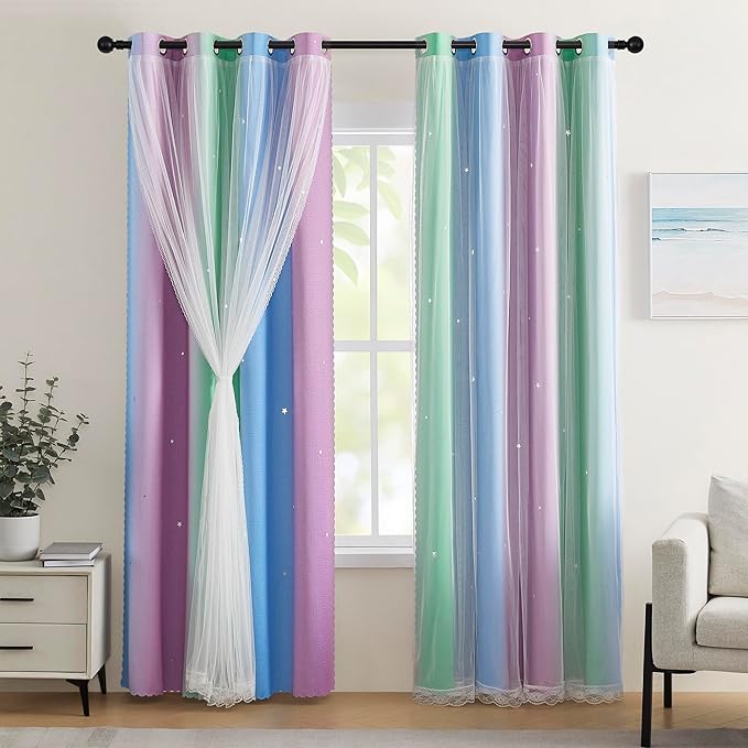 XiDi Blue Curtains for Bedroom Decor Green Curtains for Girls Kids Room Purple