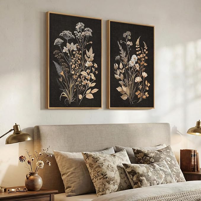 Large Framed Vintage Botanical Wall Art Set of 2, Neutral Farmhouse Moody