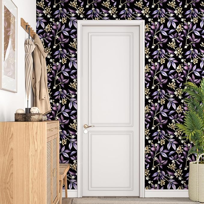 Extra Long Vintage Purple Leaves Wallpaper, 17.5In x 393In Black Botanical