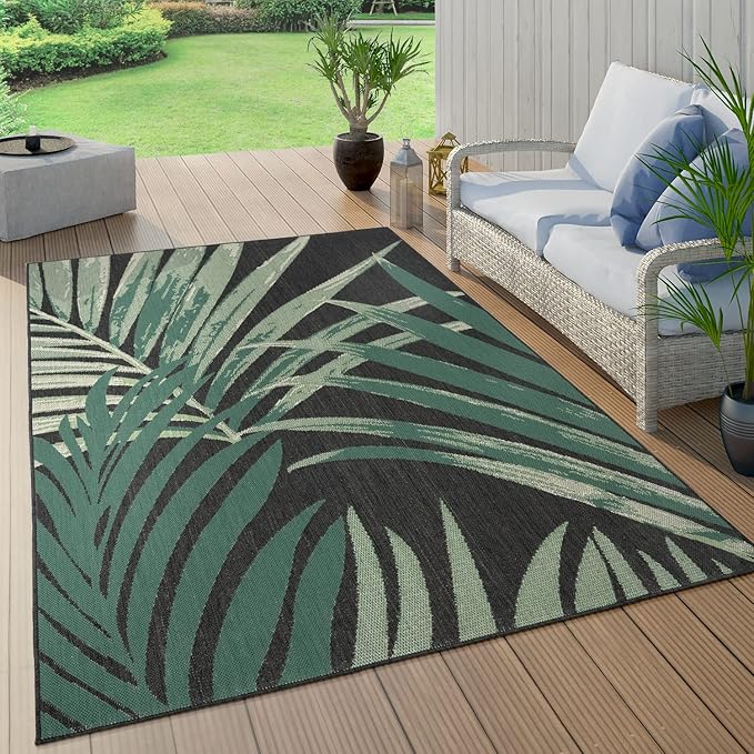 Tropical Outdoor Rug Palm Tree & Jungle Design Flatweave in Black Green, Size: 6'7" x 9'6"