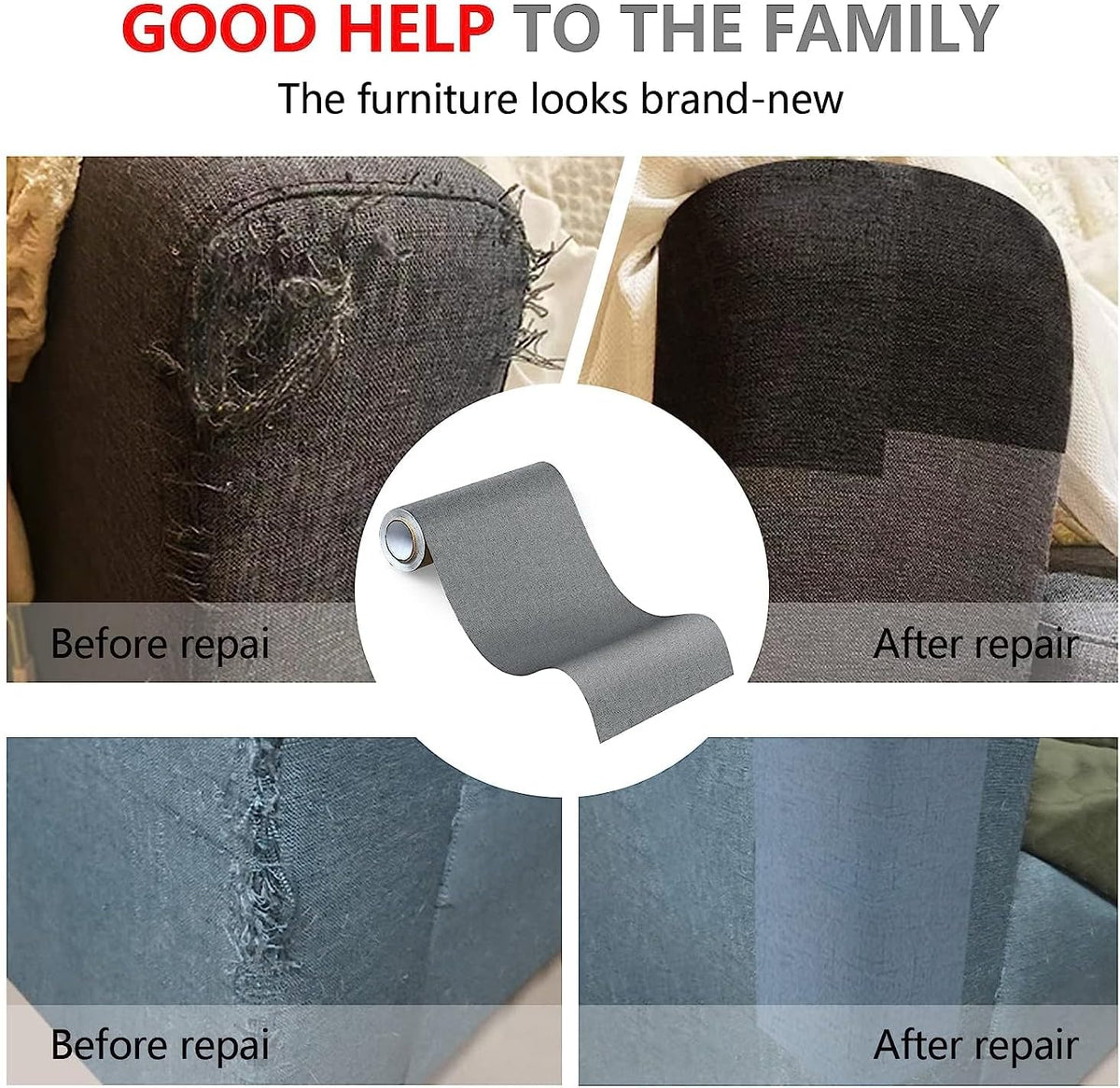 Fabric Repair Patches, Linen Repair Tape Self-Adhesive Fabric Patches Durable, DIY Large Linen Tape for Sofa, Couches, Furniture, Chair, Clothing （3.5X79 Inch, Grey）