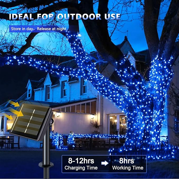 JMEXSUSS 4 Pack 100 LED Solar Fairy Lights, 33ft Blue Solar String Lights Outdoor Waterproof, 8 Modes Copper Wire Solar Twinkle Lights for Patio Garden Yard Tree Christmas Halloween Decor