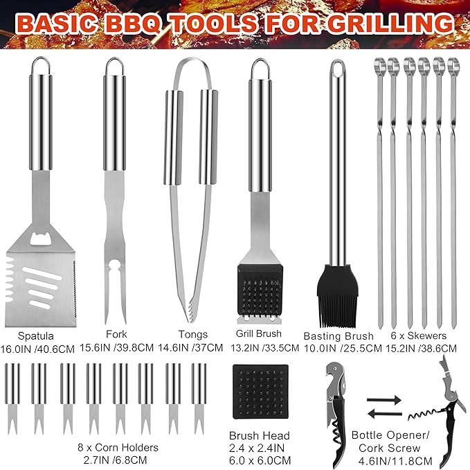Grilljoy BBQ Accessories Grill Tools Set - 22PCS Stainless Steel Barbecue Grill Accessories for Outdoor Grill with Black Aluminum Case - Grilling Gifts for Men Dad -Grill Tools Kit