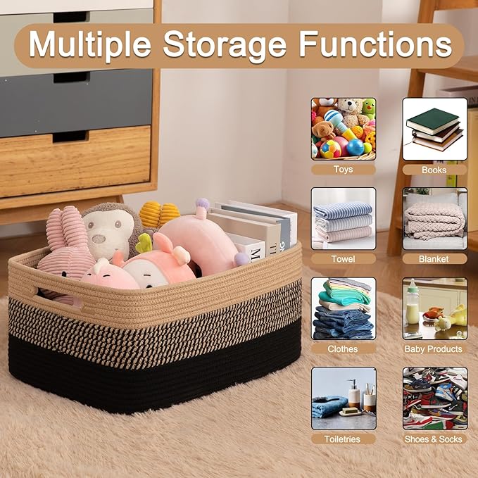 Large Storage Basket for Organizing, Woven Rope Basket for Shelves, Closet Organizer Bins for Clothes, Blanket, Toys, Baby Nursery Storage, 17.7" x 13" x 7.87", 2 Packs Black & Brown