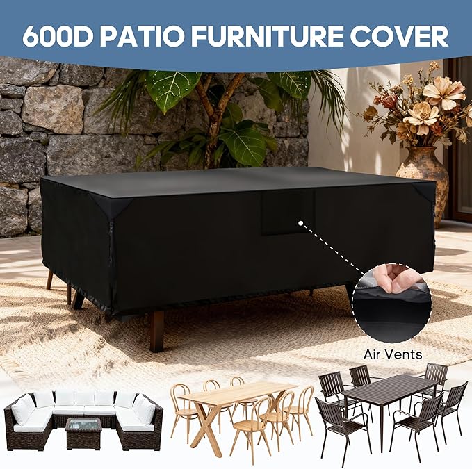 DUMOS Patio Furniture Cover Rectangular Heavy Duty 600D Waterproof UV Resistant Outdoor Sofa Couch Sectional Cover for Deck Table Chairs Backyard Dining Sets, 108"L x 82"W x 28"H, Black