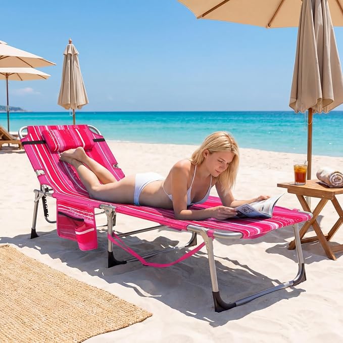 Giantex Tanning Chair, 330Lbs Patio Lounge Chair with 5 Adjustable Position, Face & Arm Hole, Hand/Shoulder Strap, Removable Pillow, Side Pocket, Chaise Lounger for Beach Sunbathing Outdoor
