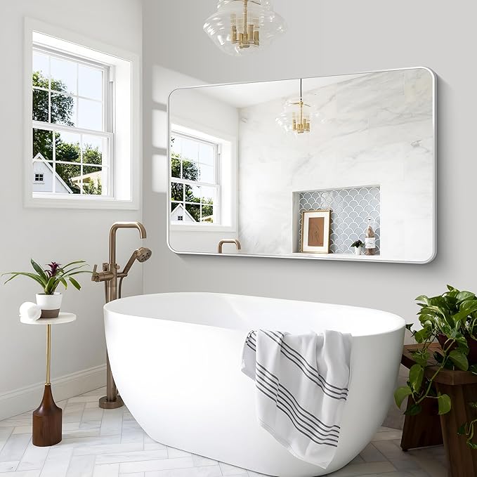 Silver Bathroom Mirror,60x40 inch Wall Mirror for Bathroom Wall Mounted,Rectangle Mirror for Bathroom Over Sink,Modern Frame Round Corner for Living Room,Bedroom Entryway,Horizontal/Vertical