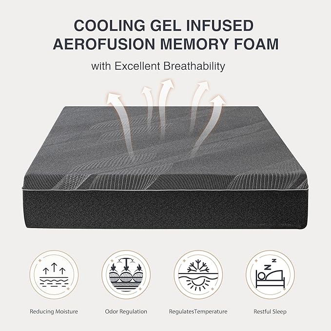Full Mattress 12 Inch Charcoal Gel Memory Foam in a Box, CertiPUR-US Certified, Fiberglass Free, Cooling Double Mattress, Made in The USA of US Foam, 75" × 54" × 12", Medium