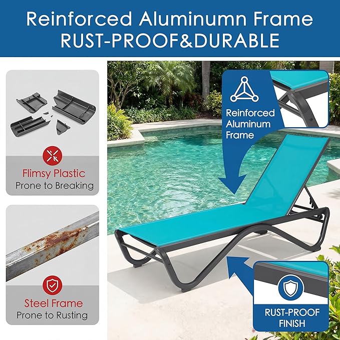 Kozyard Outdoor Chaise Lounge Chair, All Aluminum Frame and Textilene Fabric, Fully Flat Adjustable Reclining Patio Lounger for Poolside, Sunbathing & Backyard, (Aqua)