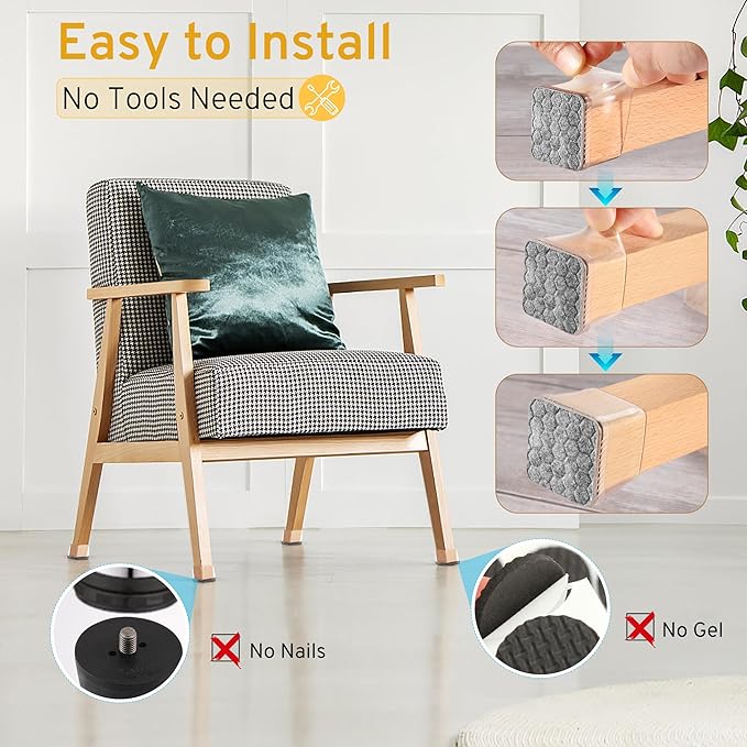 24PCS Square Chair Leg Floor Protectors, Furniture Sliders, Chair Leg Protectors for Hardwood Floors, Non-Slip Felt Furniture Pads, Silicone Cap Covers to Protect Floors, (Fit 1.5" - 2")
