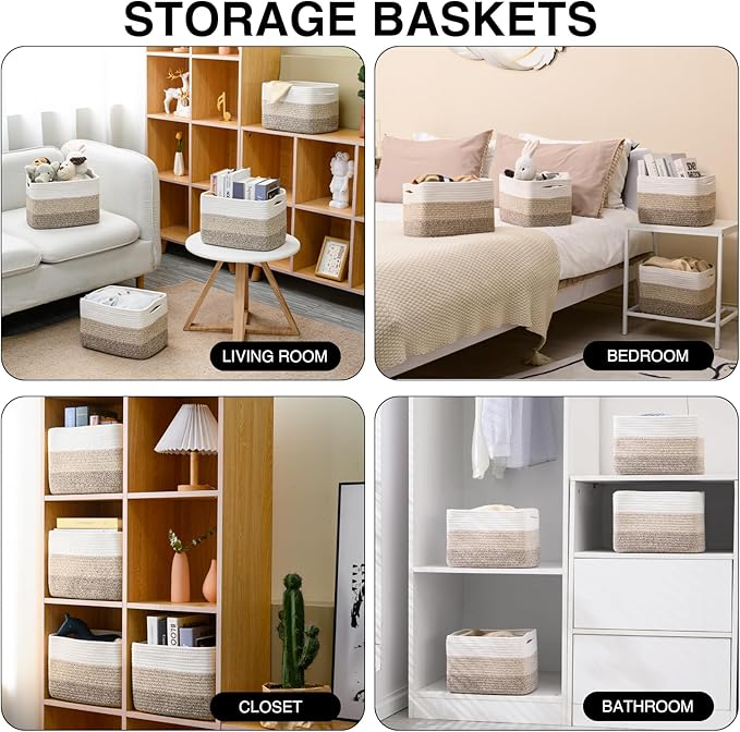 Shelf Baskets for Organizing, Storage Baskets for Shelves, Woven Baskets for Storage, Cotton Rope Baskets with Handles for Toy, Book, Clothes, 12.5"Lx9.1W"x7.9H", (4 Packs) Gradient Brown