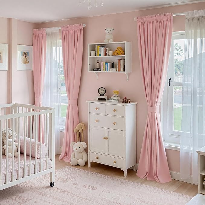 NICETOWN Baby Pink Velvet Curtains 96 inch Length, Room Darkening Thermal